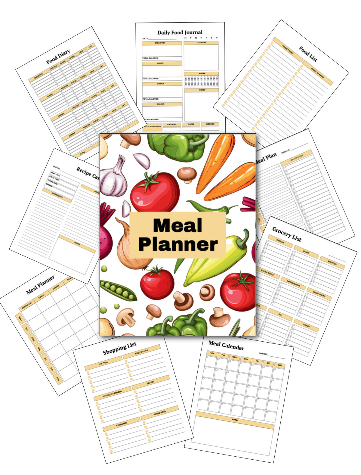 Graphic showing some of the pages of the meal planner.