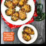 Aerial view of a white plate and platter with Mexican stuffed poblano peppers and text.