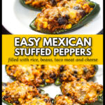 A white plate and platter with Mexican stuffed poblano peppers and text.