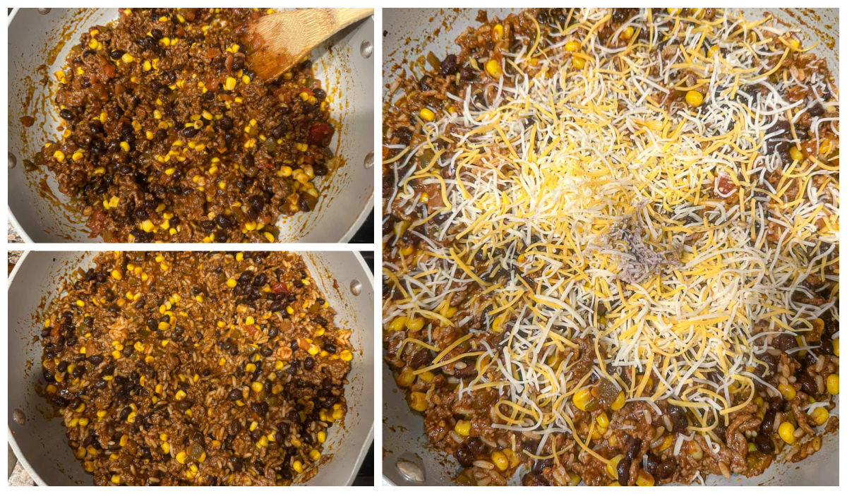 Collage of how to make the recipe stuffing in a pan on the stove.