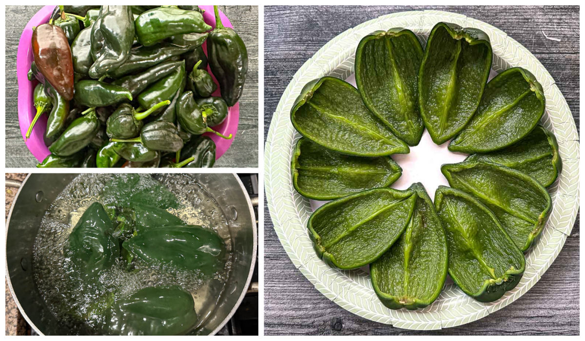 Collage of how to prepare the fresh poblano peppers.