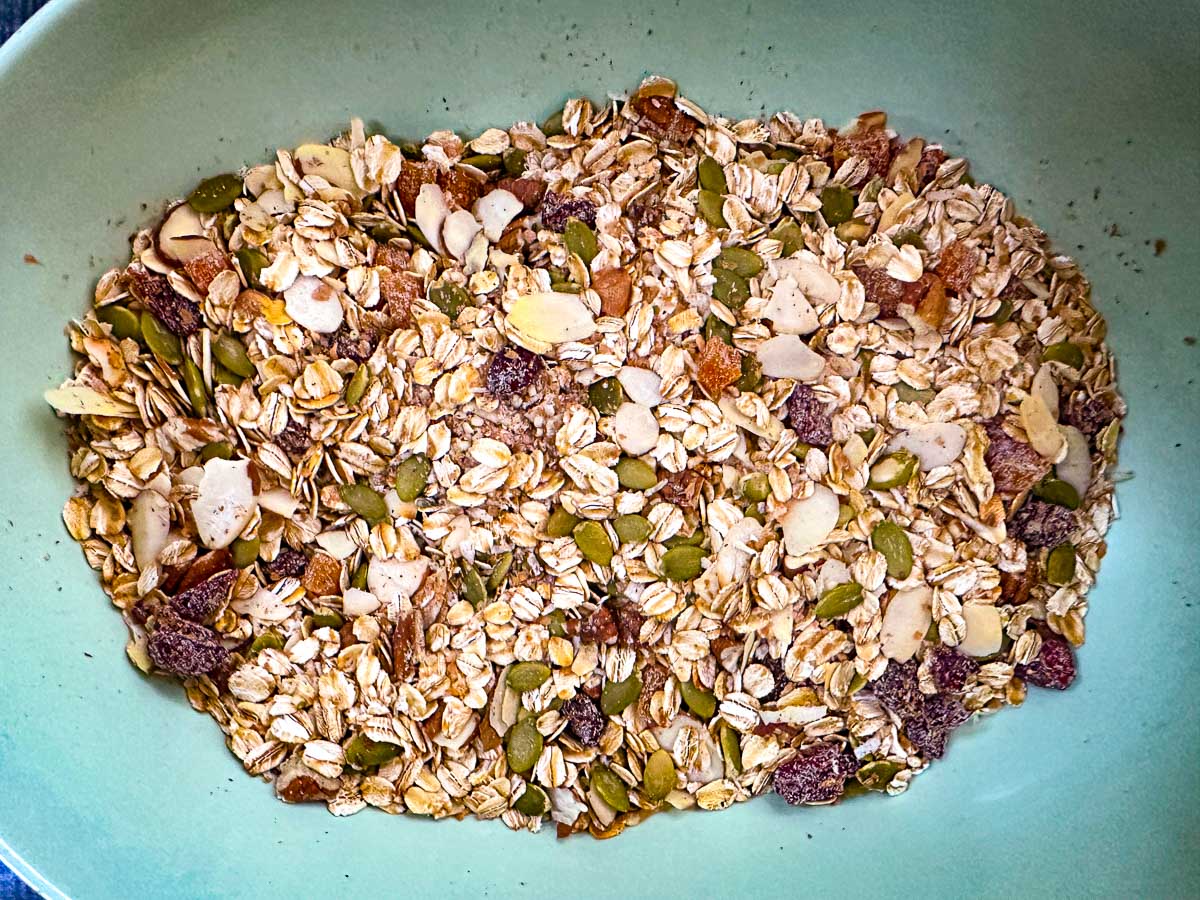 Closeup of a bowl with finished muesli.