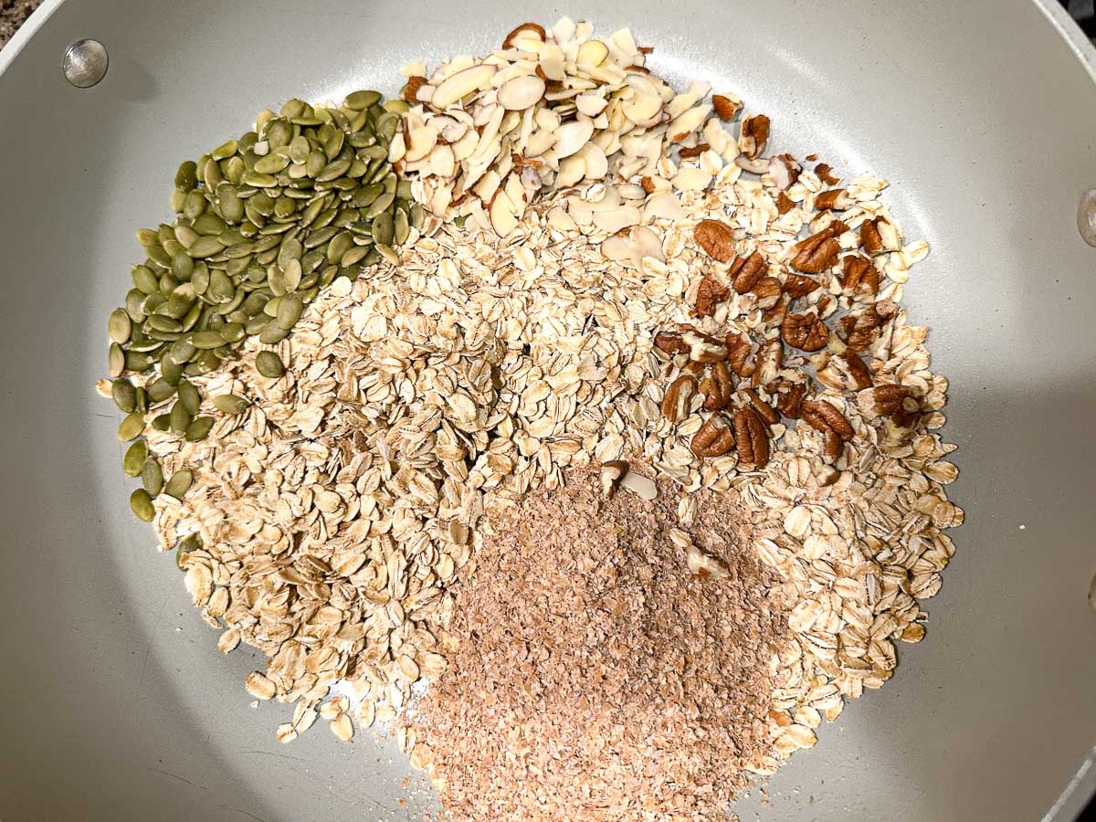 Pan with most of the ingredients it in ready to be toasted.