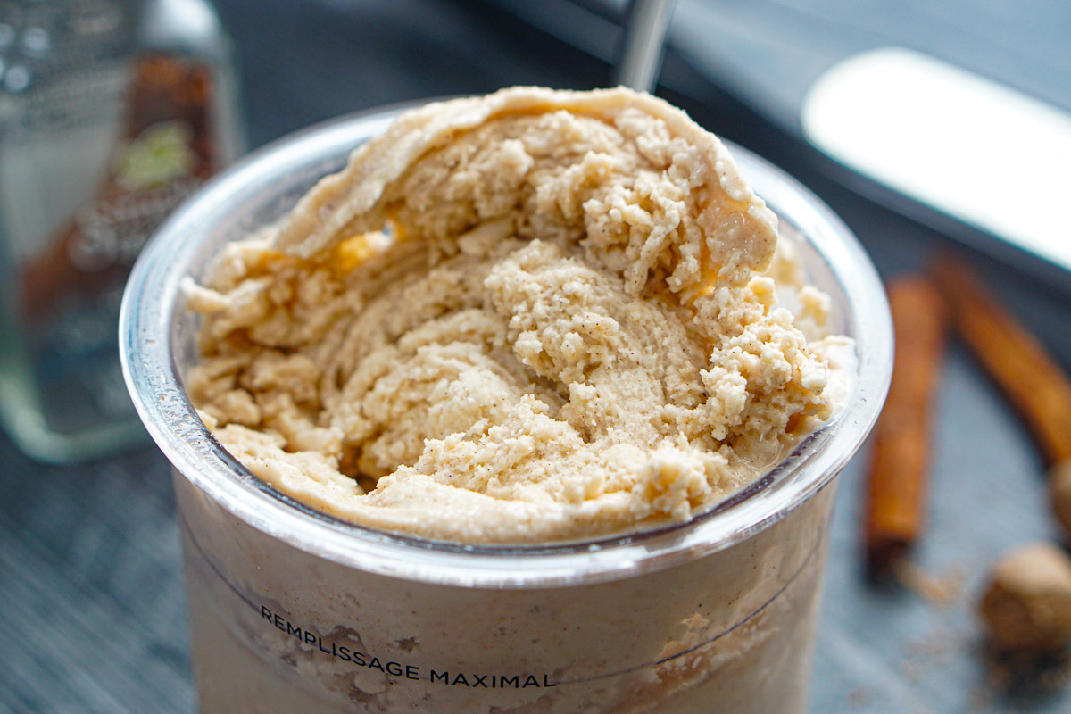 Closeup of the finished keto eggnog ice cream dessert just out of the Ninja Creami machine.