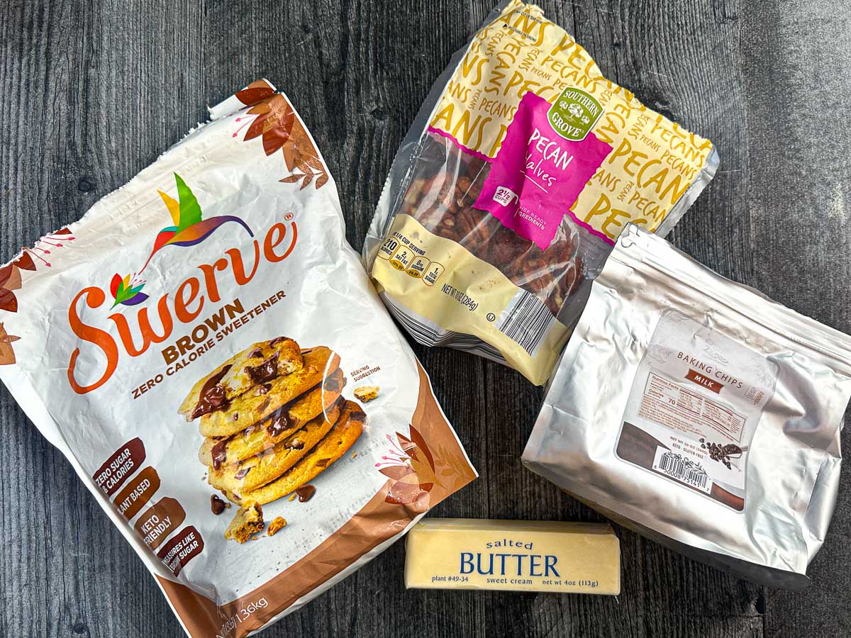 Recipe ingredients - pecans, Swerve brown sweetener, butter and keto chocolate chips.