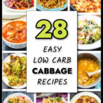 Collage of pictures of cabbage recipes and text overlay.