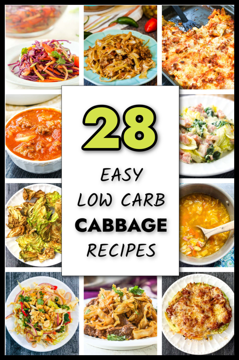 Collage of pictures of cabbage recipes and text overlay.
