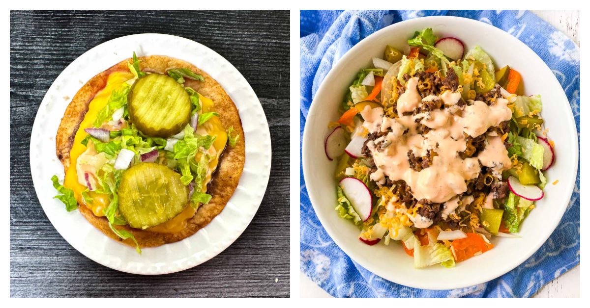 Collage of two pictures - a Big Mac smash burger and salad.