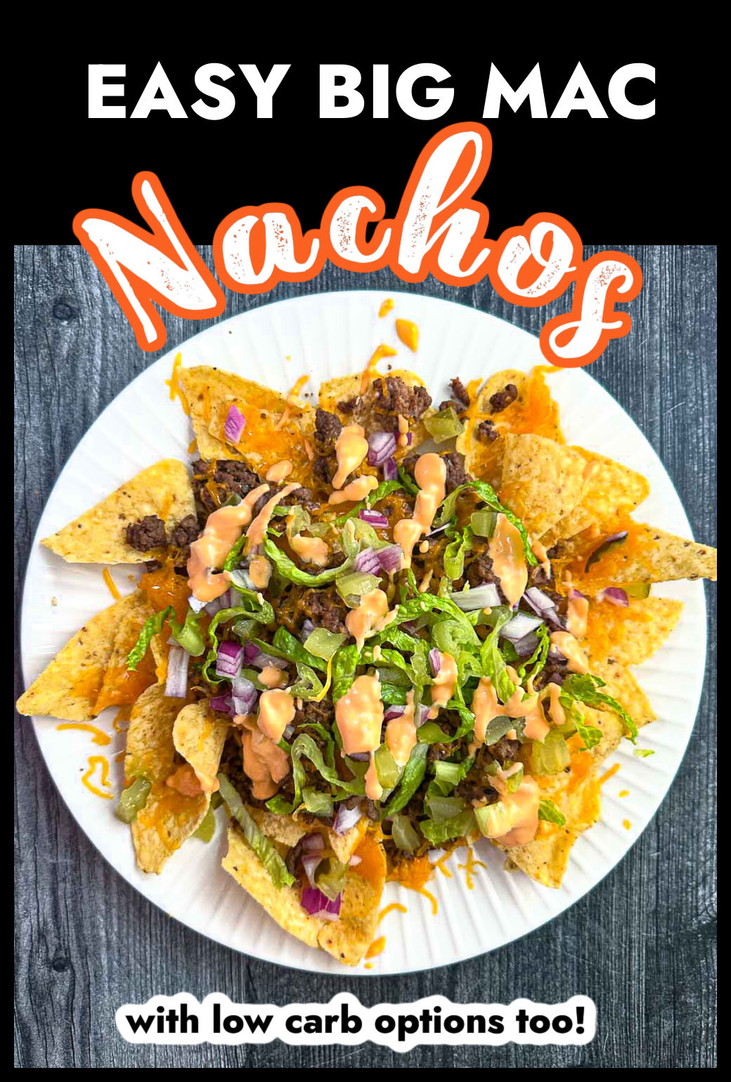 Aerial view of a white plate with the Big Mac nachos and text.