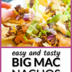 Fingers holding up a chips filled with Big Mac filling and text overlay.