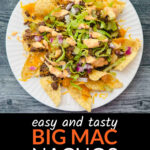 Aerial view of a white plate with the Big Mac nachos and text.