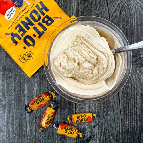 Aerial view of a pint container with keto bit o honey ice cream made in the Ninja Creami and some scattered candies next to i.