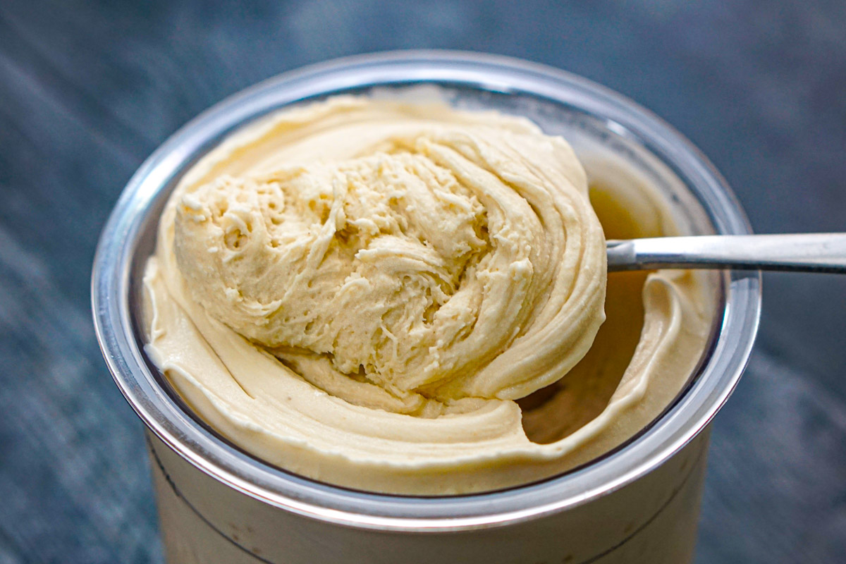 Closeup of a spoonful of the finished keto protein ice cream.