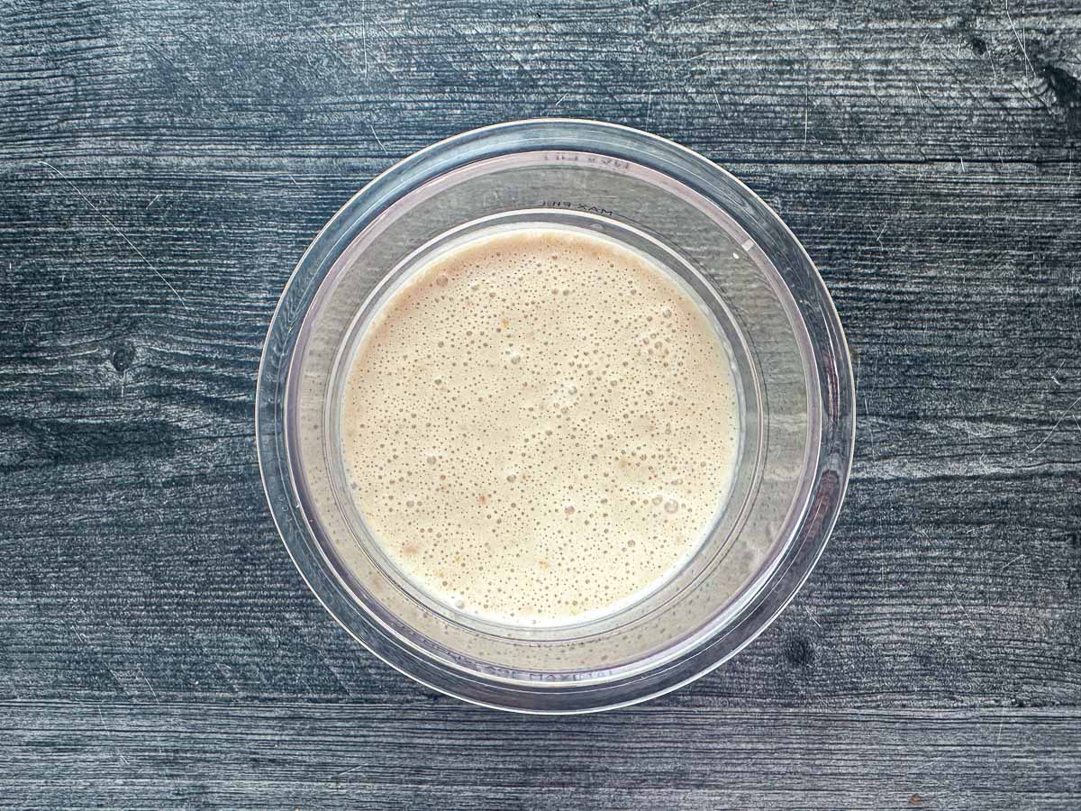 Aerial view of the pint container with the ice cream base ready to freeze.