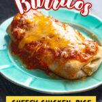 Aqua plate with a cooked chicken burrito with salsa and cheese on top and text overlay.