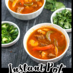 White bowls with low carb fajita soup made in the instant pot with cilantro in the background and text overlay.