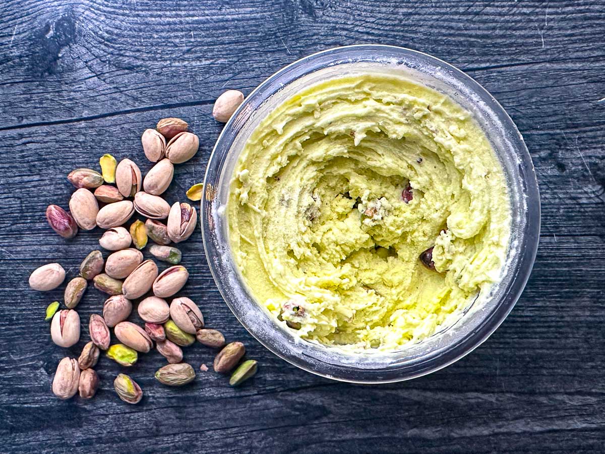 The finished keto protein pistachio ice cream recipe with the added chopped nuts.