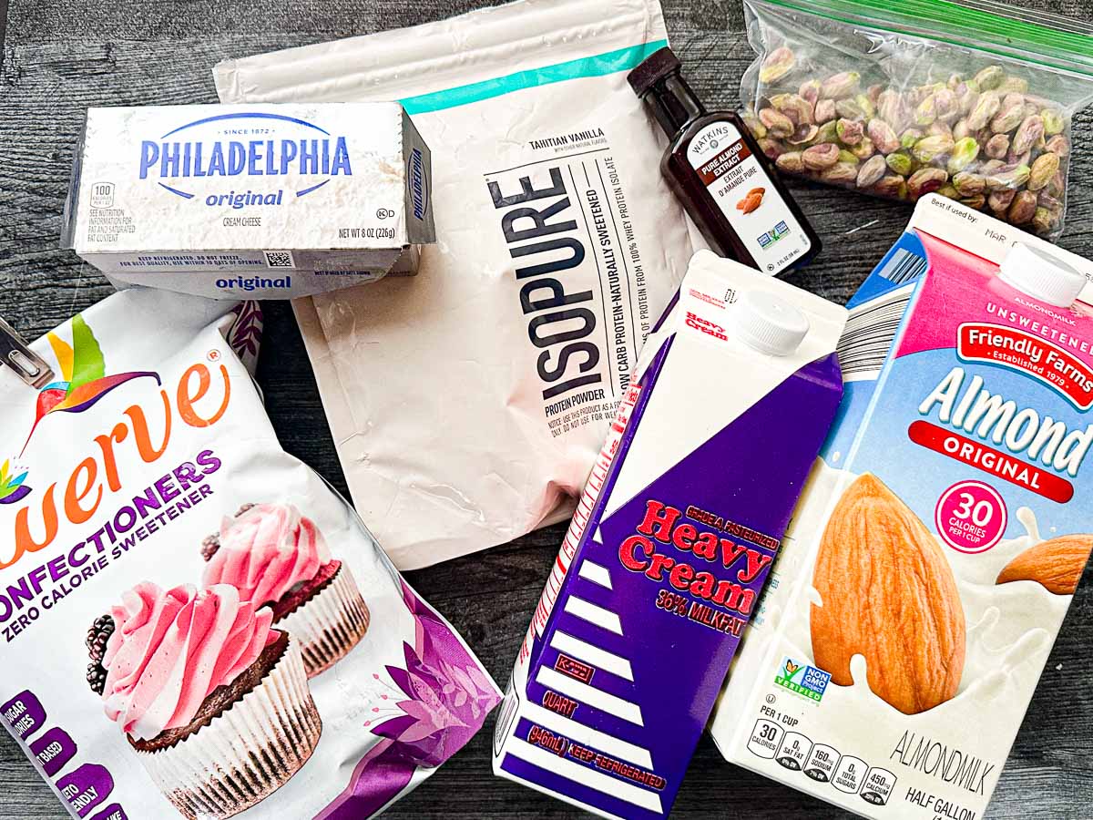 Recipe ingredients - Isopure protein powder, shelled pistachios, almond milk, heavy cream, Swerve sweetener, cream cheese, almond extract.