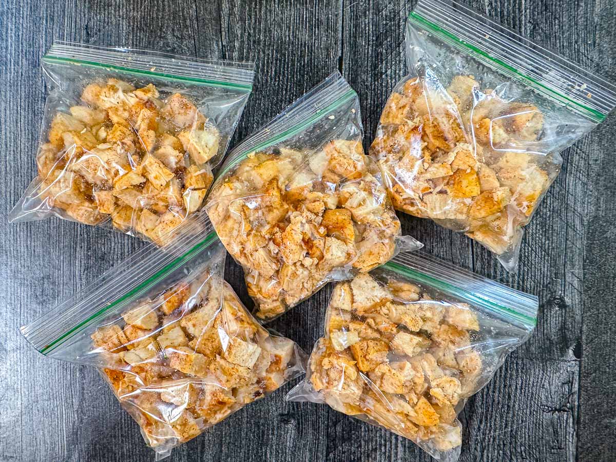 5 baggie of diced cooked chicken for meal prep.