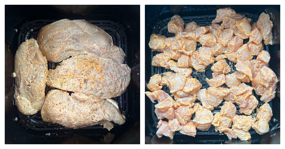 Collage of 2 air fryer baskets with uncooked dish made 2 ways.