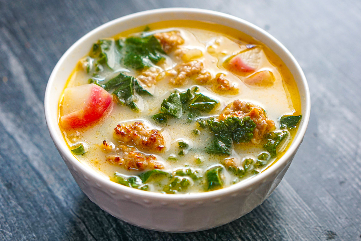 Closeup of the finished low carb zuppa Toscana soup.