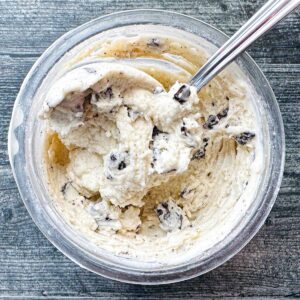 Aerial view of a pint of low carb high protein cookies and cream ice cream made in the Ninja Creami.