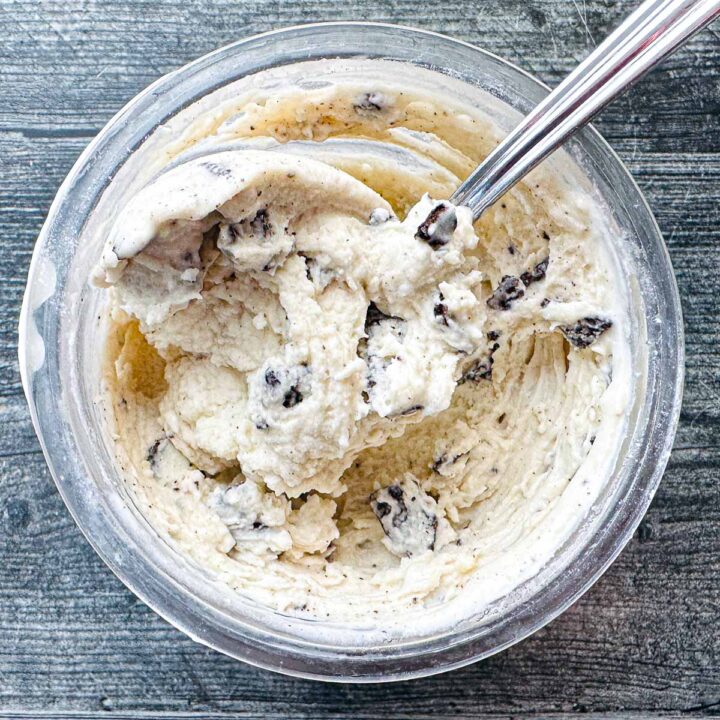 Aerial view of a pint of low carb high protein cookies and cream ice cream made in the Ninja Creami.