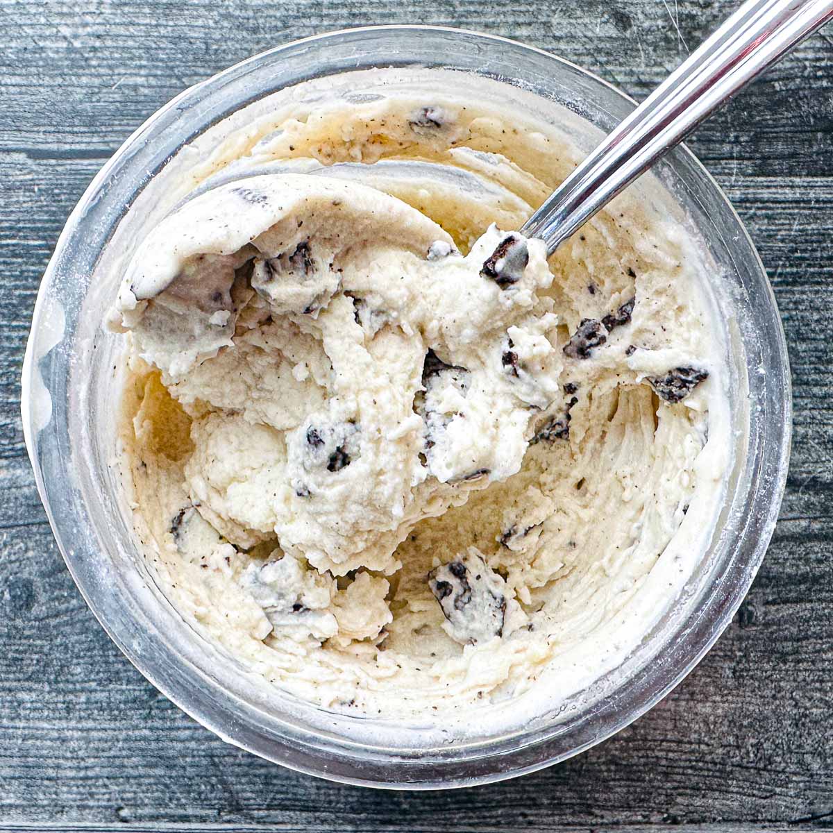 Aerial view of a pint of low carb high protein cookies and cream ice cream made in the Ninja Creami.