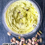 Closeup of a pint container with low carb high protein pistachio ice cream made in the Ninja Creami machine and text overlay.