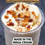 Closeup of a pint container of low carb high protein Ninja Creami toasted almond ice cream with toasted nuts on top and text overlay.