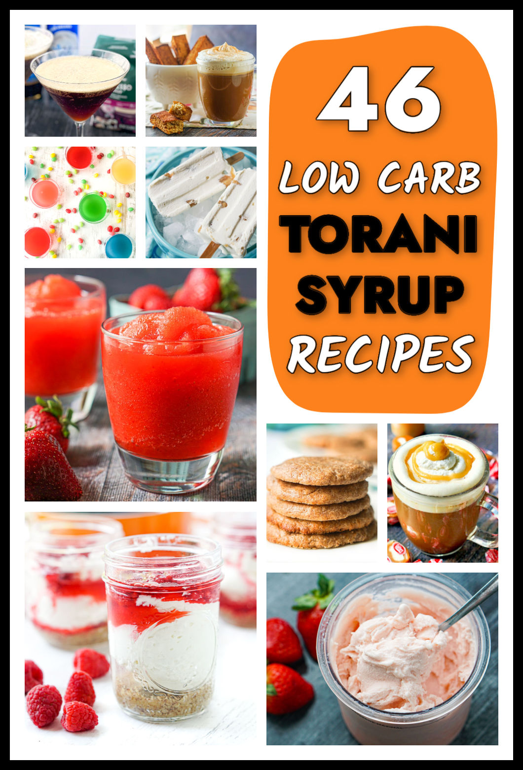 A collage of pictures of finished low carb Torani syrup recipes and text overall.