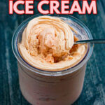 Closeup of a container of Ninja Creami strawberry cheesecake ice cream that's low carb and sugar free with text overlay.