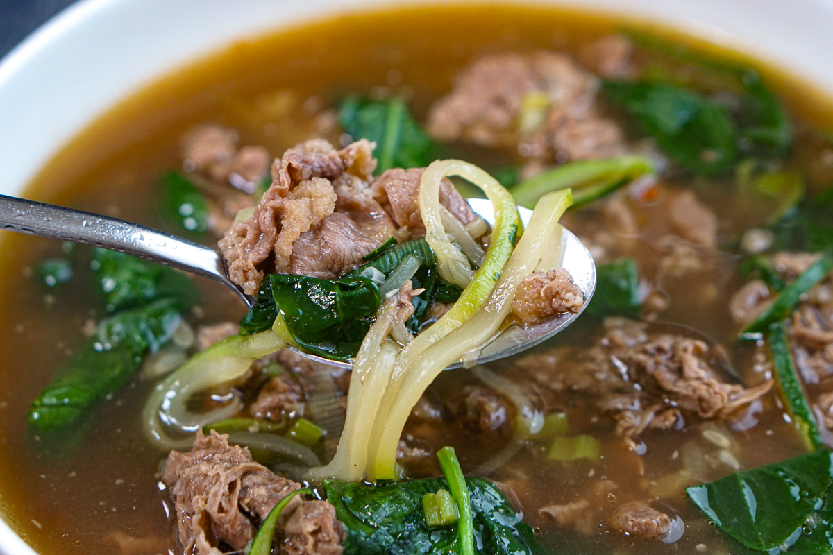 A spoonful of the low carb beef noodle soup.