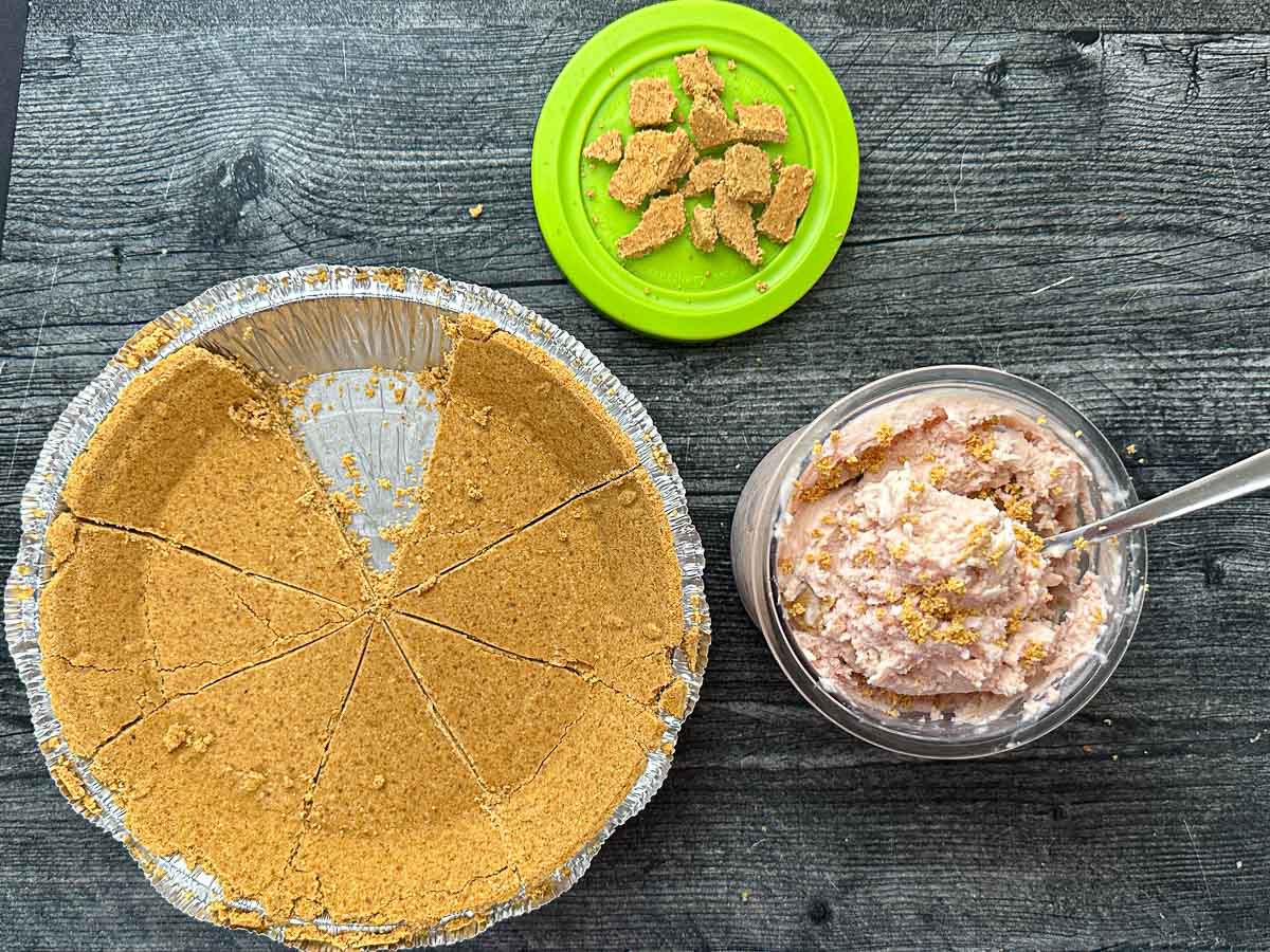 The finished ice cream with the store bought graham cracker crust and some crumbles.