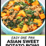 A blue bowl with the healthy sweet potato bowl with Asian flavors and text overlay.