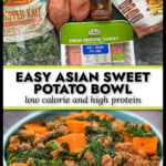 Ingredients and a blue bowl with the healthy sweet potato bowl with Asian flavors and text overlay.