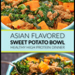 A blue bowl with the healthy sweet potato bowl with Asian flavors and text overlay.