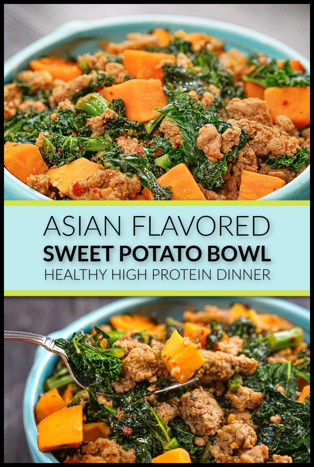 A blue bowl with the healthy sweet potato bowl with Asian flavors and text overlay.