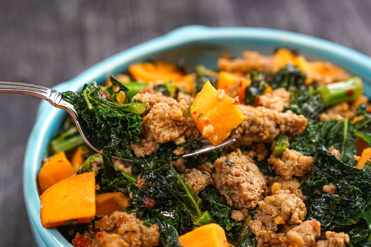Closeup of a forkful of the finished dish.