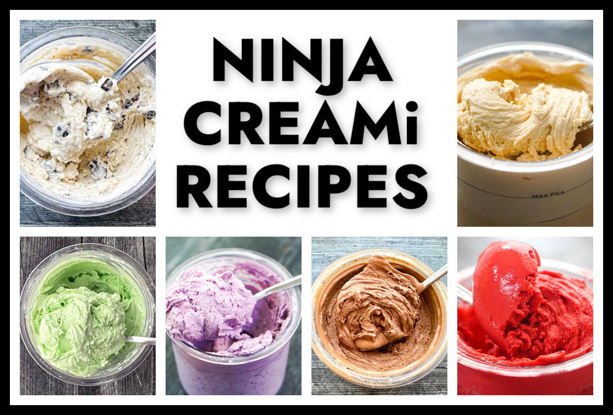 Graphic with colorful Ninja Creami ice cream photos and text.