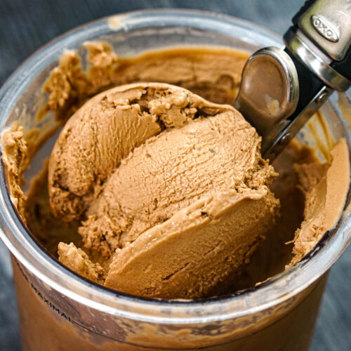 Closeup of a scoop of keto Ninja Creami mocha ice cream.