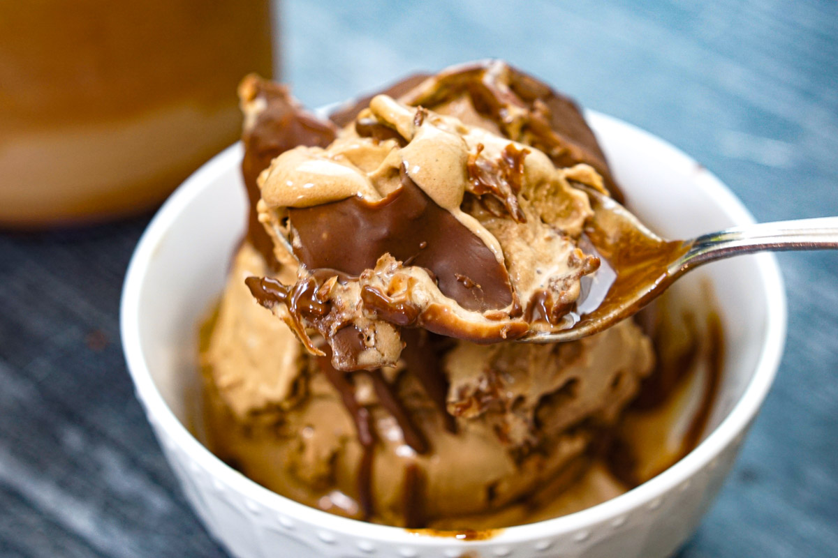 Closeup of a spoonful of the finished dish.