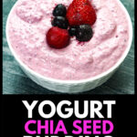 White bowl with the low carb yogurt chia seed pudding with a few berries on top and text.
