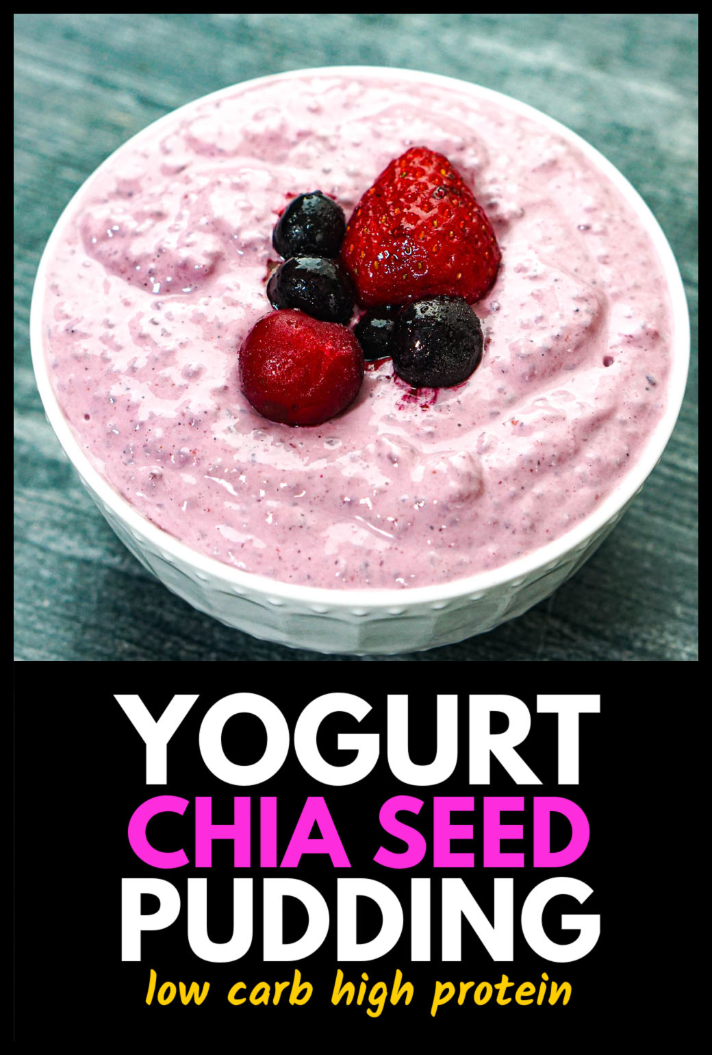 White bowl with the low carb yogurt chia seed pudding with a few berries on top and text.