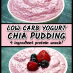 White bowl with the low carb yogurt chia seed pudding with a few berries on top and text.