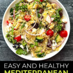White bowl with arugula quinoa salad with Mediterranean flavors and text.