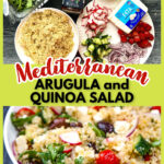 White bowl with arugula quinoa salad with Mediterranean flavors and text.