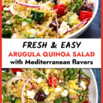 White bowl with arugula quinoa salad with Mediterranean flavors and text.