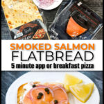 Ingredients and closeup of a white plate with a slice of the smoked salmon flatbread and a couple lemon wedges and text.