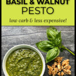 White bowl with basil pesto with walnuts and text.